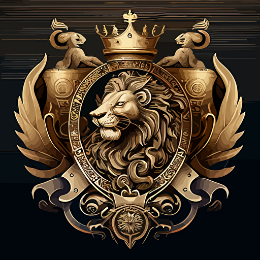 elegant coat of arms vector grahics, center lion holding a ship. Above a majestic helm with a golden crown, on the left a wing, on the right a sea creature. High-Resolution Illustration