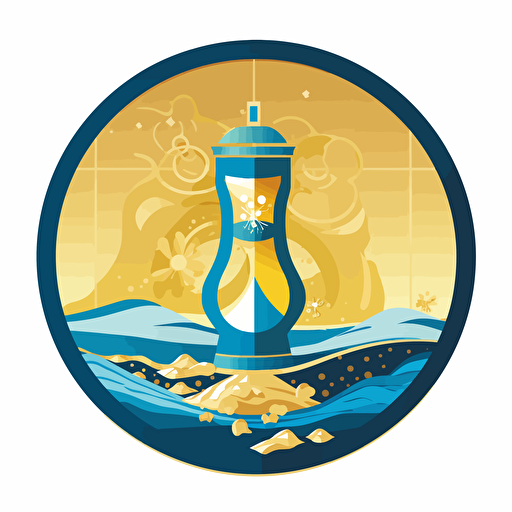 A sand timer, beach scene at the top inside, Sand sifting through, gold tokens at the bottom, vector style logo, blue sea colour, HD