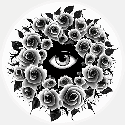 vector image, transparent background, roses forming a circle around a one eyed bald monster, black and white