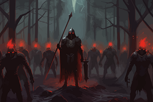 Dark fantasy retro cover art of medieval troops with torches surrounded by red glowing eyes in the dark, close up view of the troops, worried facial expressions, spiderwebs, horror, diablo, gloomy, atmospheric, fog, dark pinetrees, retro game, vector style, pixel art.