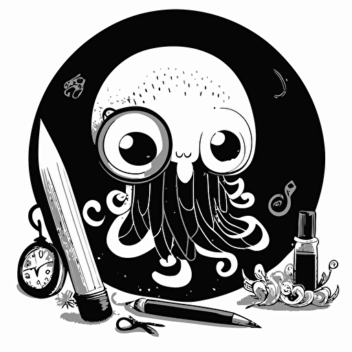 black and white, cartoon squid holding a feather quill with its tentacles, circle around the squid and quill, vector art