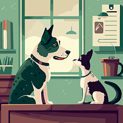 a cute vector art illustration of a dog looking at the veterinary doctor, low details