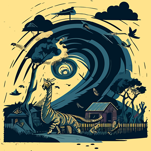 vector style image of a zoo being destoryed by a tornado
