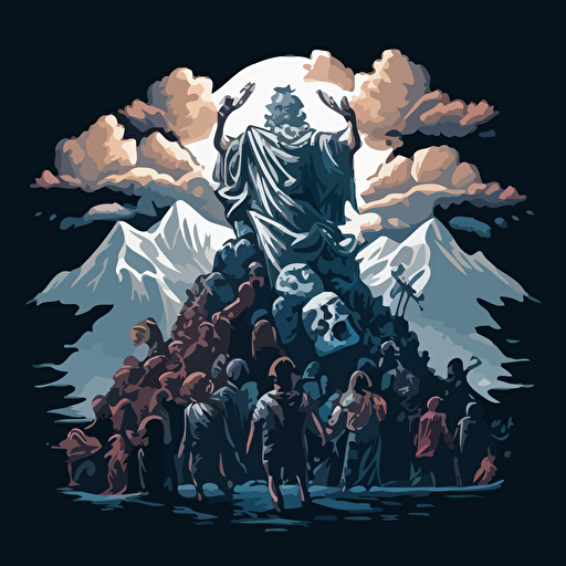 Based on the Greek myth of Prometheus, design a vector illustration of Satoshi Nakamoto bestowing the gift of blockchain technology to humanity, represented by a diverse group of people. Set the scene on a mountain peak, with a dramatic sky.