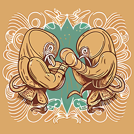 vector image of two squid boxing with gloves boho style on tan background