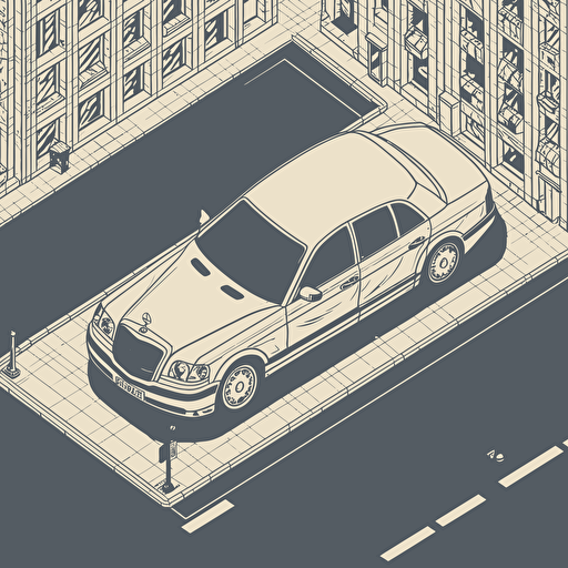 isometric world, two-tone 2003 Maybach 57, parked on street in Chicago, in the style of Matthew Skiff illustrations, in the style of Christopher Lee illustrations, in the style of Jonathan Ball illustrations, simple, rough-edged drawing, vector illustration, flat art,