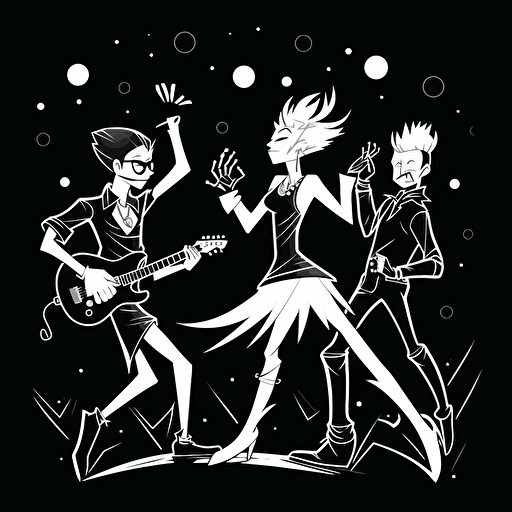 a punk vector cartoon illustration of 3 happy people dancing to folk music in the night. using white color. Black background.