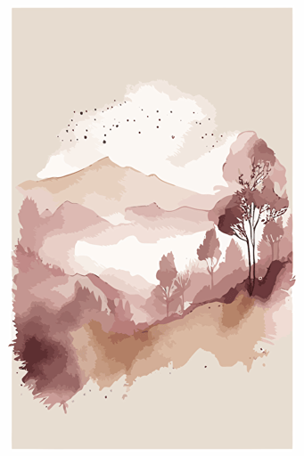 Dusty pink and beige watercolour landscape, minimalist, vector, contour