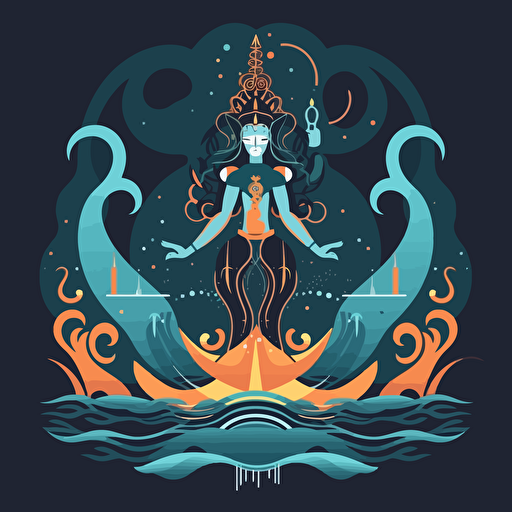 Simplified flat art vector image of esoteric mantra shiva with a figure in colorful costumes stands above the water, in the style of textured and layered abstract forms, geometric surrealism, on dark background