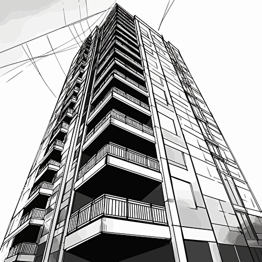 high rise building, 2d vector art, black and white