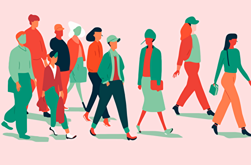 people all wearing different outfits walking together, flat vector illustration, in the style of young british artists (ybas), #myportfolio, vibrant postmodernism, muted hues, animated gifs, 1970–present, light red and emerald