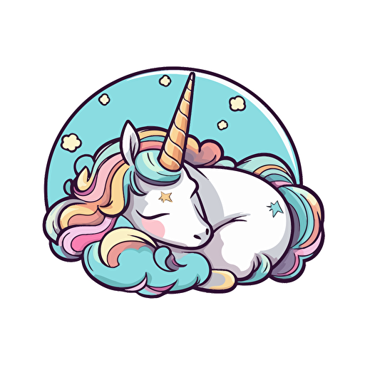 A sleeping unicorn, Sticker, Cute, Pastel, light art style, Contour, Vector, White Background, Detailed