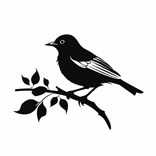 simple vector art, mockingbird on branch, logo, black and white, minimalism
