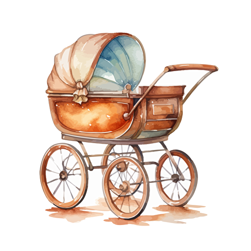 watercolor design of super cute wooden baby pram, detailed, vector