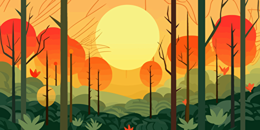 The forest and the sun at 11 a.m. 2D, vector illustration, bright colors. Drawing using AI.