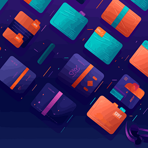 a vector image of a bunch of gift cards ultra modern using dark purple-blue as the background color, along with pops of orange green and blue. it should show a bunch of gift cards with movment and trust