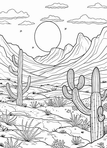 2d illustration, simple vector magical desert coloring page
