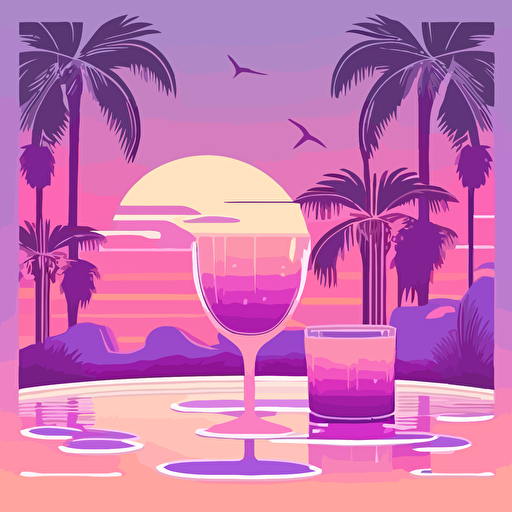 pool party, comic style, pastel colors, violet, coctails, palms, sunset, vector, flat background