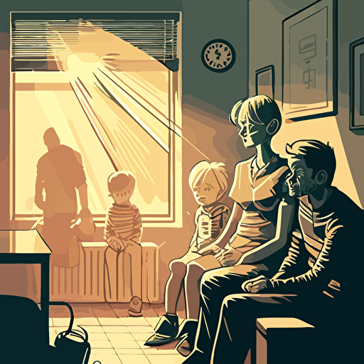 Subject: a family sitting in a waiting room of a psychotherapist’s office, with nice light coming in through the window and a mixture of apprehension and relief on the families faces, in the style of children's vector illustrators v 5 aspect ratio 9:16