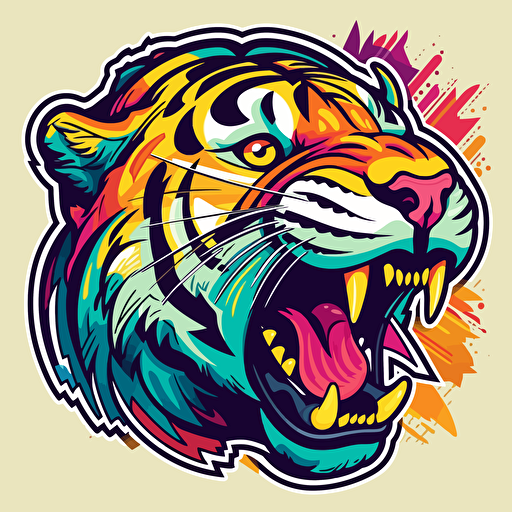 sticker, tiger roaring, colorful, vector, contour, popart