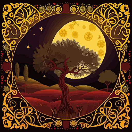 square artwork of a dreamy midnight full moon in a sky decorated with motifs of mooncakes shinning over Tuscany olive tree field. corners of the design decorated with traditional italian fleur-de-lis style ornate borders. All artwork designed with vivid, warm yellow, orange and deep red colors usign basic vector art without shading