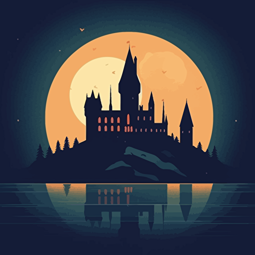 harry potter hogwarts, alternative mondo movie poster, silhouette, minimal illustration, vector art, dkng style, 5 retro colours