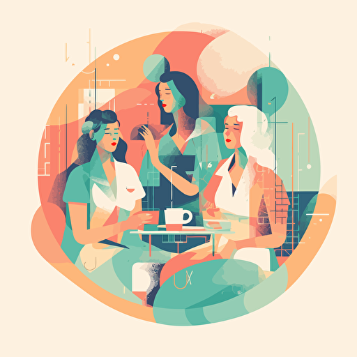 a group of tennis players having coffe in a tennis club, smiling, pastel colours, abstract vector illustration style