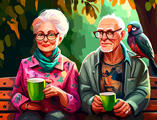 an older couple sitting on a park bench with coffee to go in their hands stock vector, in the style of tanya shatseva, colorful birds, simplified dog figures, grandparentcore, massurrealism, handsome, petcore, charles spencelayh