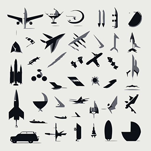 simple vector art of different aerospace components, black on white backrgound, planes, rockets, kites