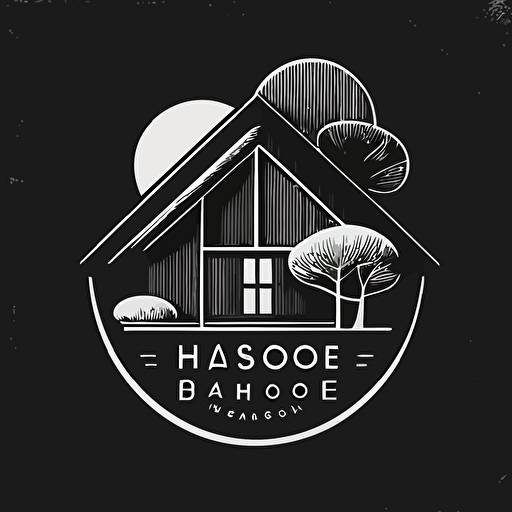 design a mid century modern furniture retail store logo name Bao House. The logo displayed under a simple house shape vector. Black and White