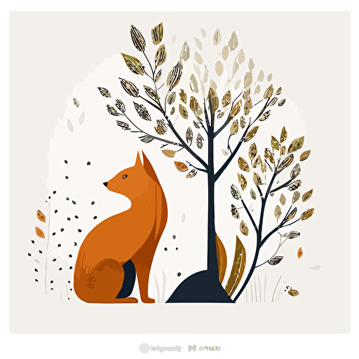 Scandinavian fox, grass, squirrel, tree, illustration modern, simple, vector, minimalism, white background,
