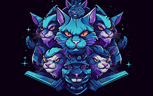 logo design of a group of anthromoporphic cats dressed in sci-fi battle gear with spaceships and planets behind them, 2d, purple and blue colors, vector, amazing-logo-design