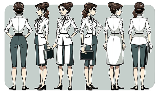 character design, vector illustration, female doctor, front side back views, 6 panels