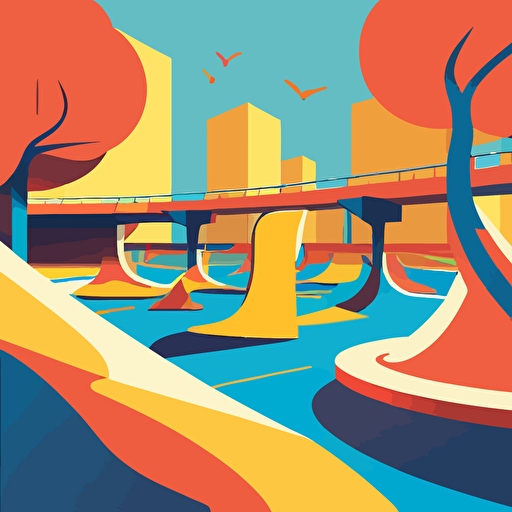 2d flat vector illustrator of a skatepark in Tokio, Tokio landscape background blue, yellowe and red colors