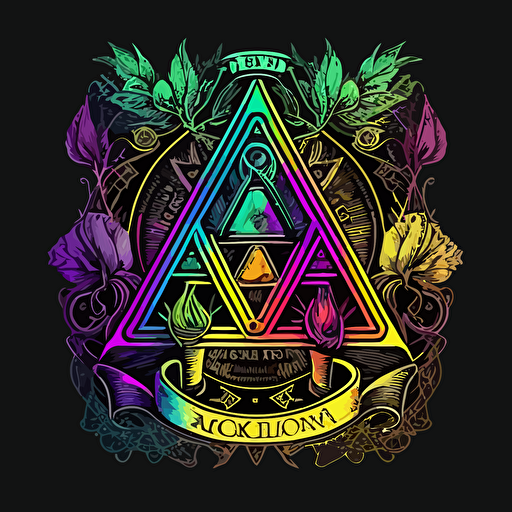 Make a highly detailed vector image of a label for an up and coming apparel company, make this design modern and simple, intense neon rainbow coloring, in the style of a 1940's alchemical symbol for the philosopher's stone, v5