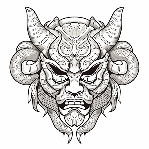 DND Fantasy. Japanese Style mask. Wooden Architecture. No Shadow. Cartoon. Coloring page. Vector. Simple.