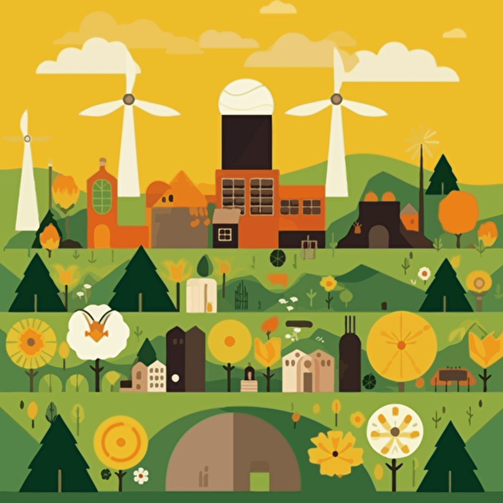 Inspiring image of clean nuclear energy: Construct a minimal, yet spirited image for a presentation on new nuclear power plants in Sweden and Finland with a focus on sustainability. Use eye-catching colors and elements such as atom symbols, wind turbines, and solar panels. Image style: simple and friendly. Media: vector illustration. Reference artist: Josef Frank.