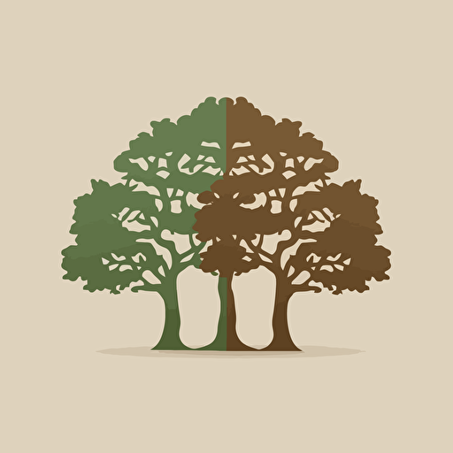 3 color symbol logo of two different size oak trees side by side, it has to be geometrical, simple, elegant, green color palette, dartk #444654 background, design is vector style,