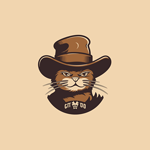 logo design, flat 2d vector logo of a cat in a cowboy hat, muted brown and gold, 80s, western-inspired