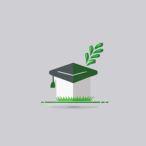 design a minimal vector logo design, outlined personificated brain wearing a graduation cap, pencil and a green cube imitating grass white background