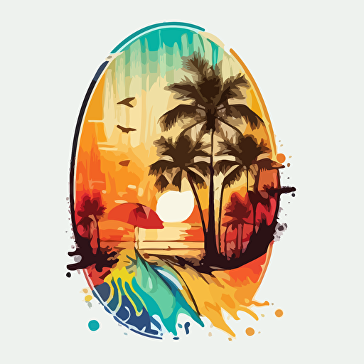 colorful vector beach style surfboard stuck in a beach next to palm trees and waves of water in a circle on white background