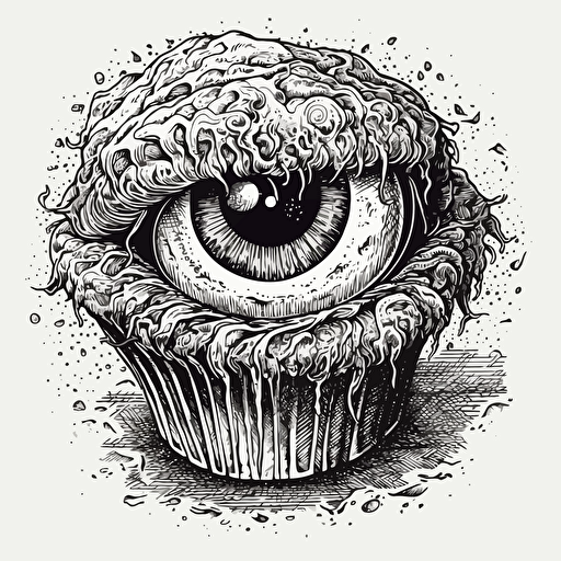 Eyeball Cupcake,Horror art, High Resolution, Highly Detailed, Comic Book art, No Color, Black and White, Ink Pen, Heavy Shadows, Sticker,Vector