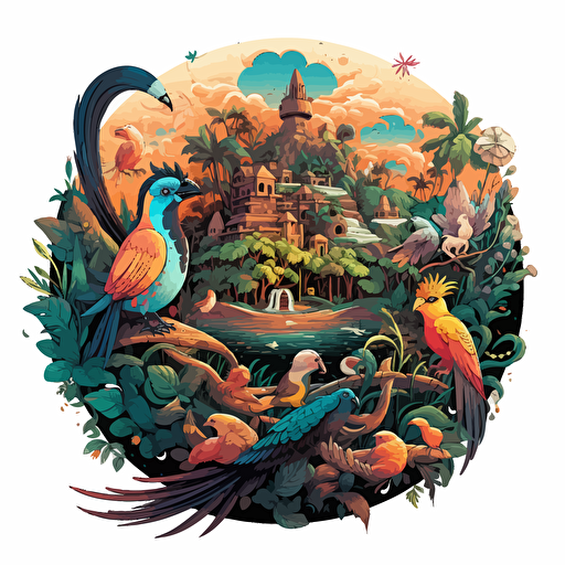 round up design with digital illustration of birds of paradise, magic world inspired by Studio Ghibli, vector illustration, intricate details, unreal engine, extremely high detailing, sharp, white background
