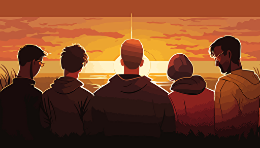 Vector Art, WIDE ANGLE shot with long depth of field. It's around sunset on a warm sunny summer day Soft, richly colored. image of a small group of modern day Christians who've gathered casually to pray, They are huddled together, with heads bowed, praying and holding each other's hands facing the beautiful horizon.