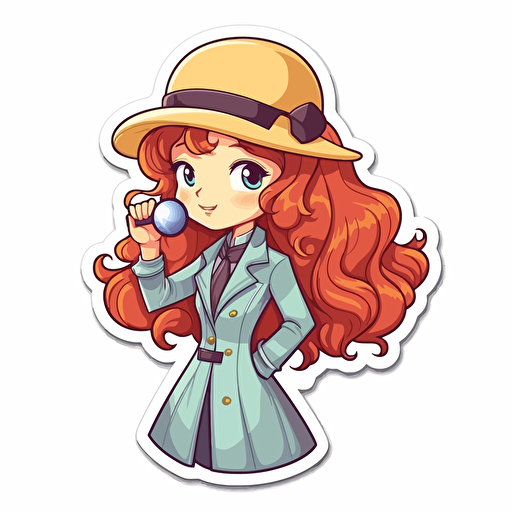 Sticker, Happy Colorful female Sherlock Holmes with long red hair, kawaii, contour, vector, white background