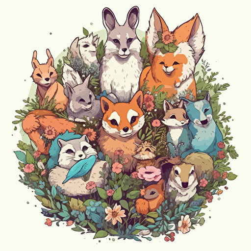 fairycore furry woodland animals with a surrounding floral design in detailed drawing style + simple vector + bright colors on a white background
