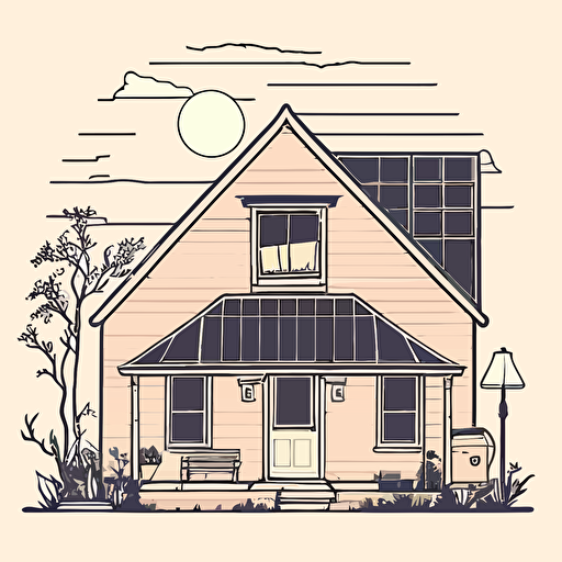 minimalist line drawing vector sticker, small house with solar panels during sunset