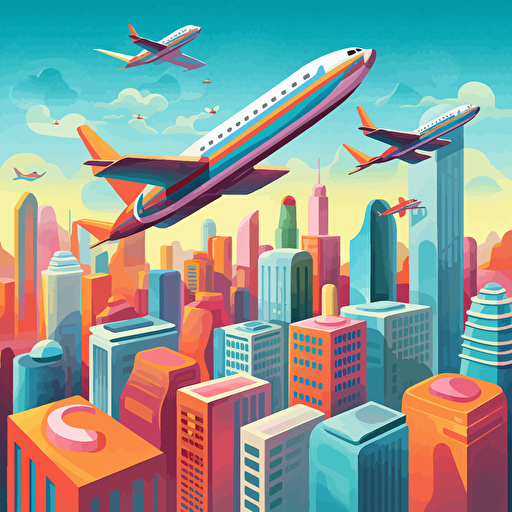 a vector art of planes flying above a futuristic city. Utopian, bright, happy