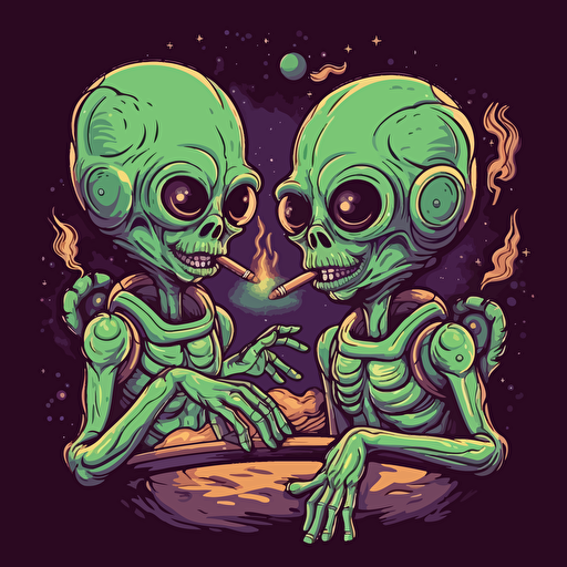 detailed cartoon vector sticker of two aliens smoking a blunt in space, cover art, logo