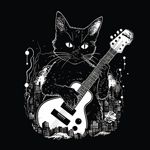 a vector line drawing in black, simple, outline, cat, guitar, blend